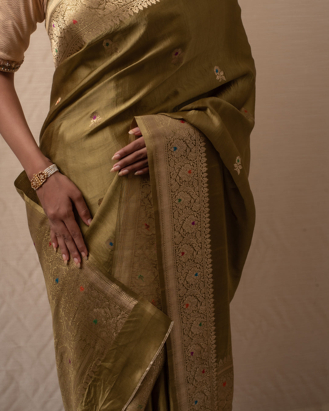 Heera- Mehendi Green Satin Silk Banarasi Saree