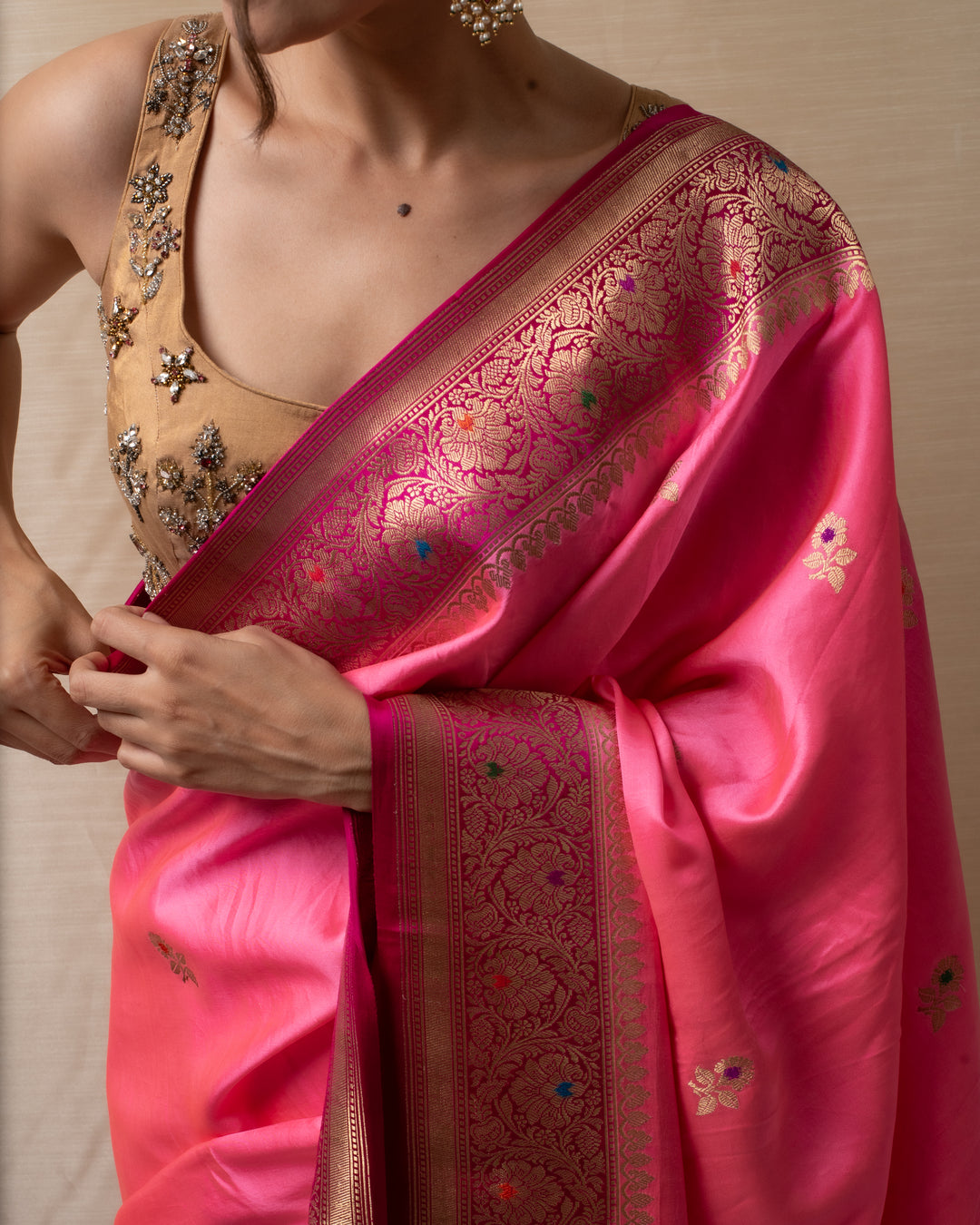 Heera- Pink Satin Silk Banarasi Saree