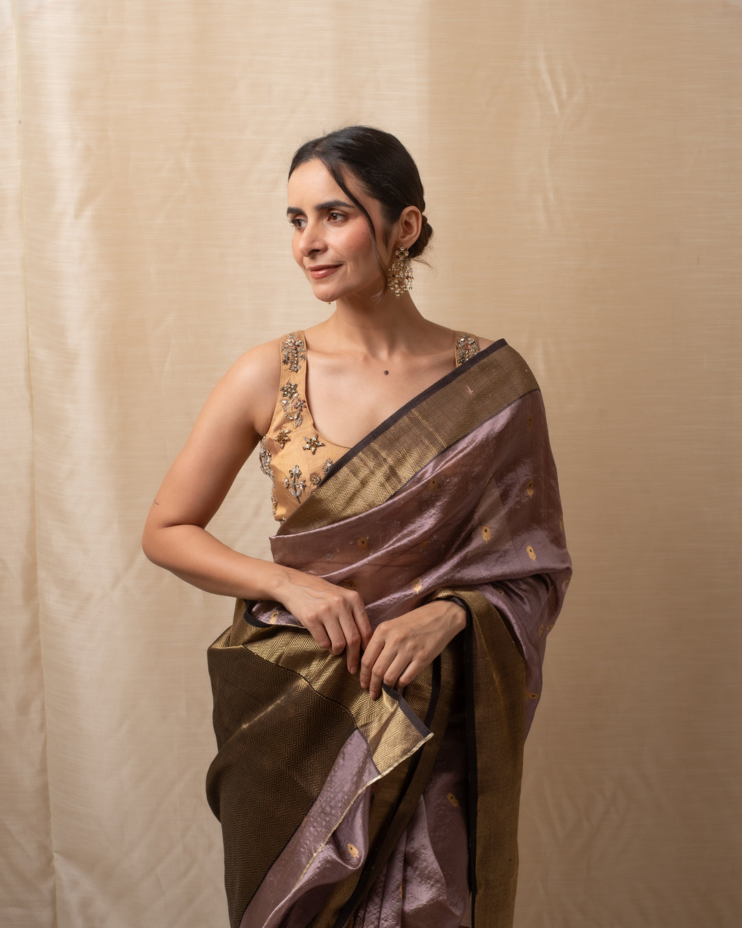 Janaki- Copper Purple Silk Chanderi Saree