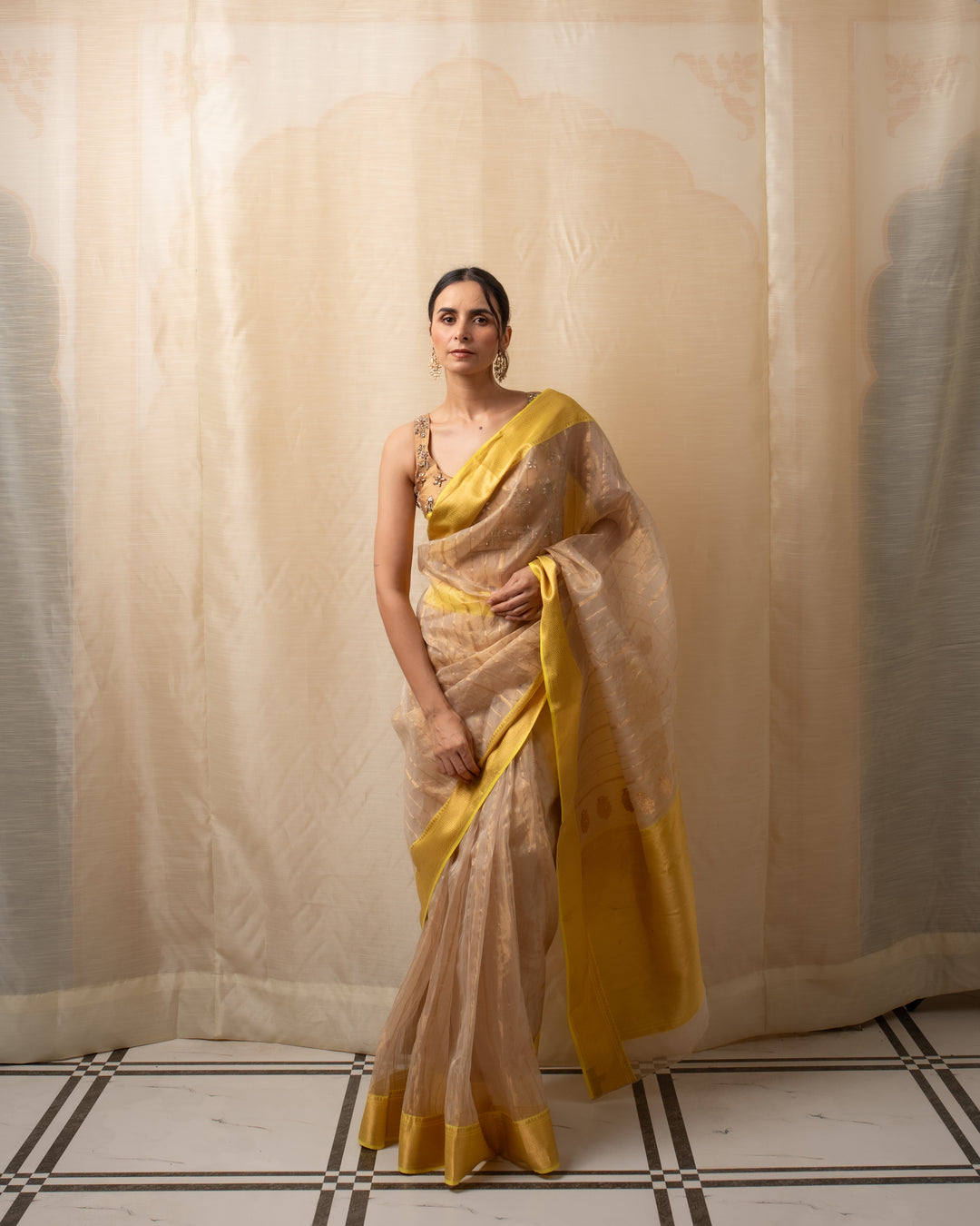 Sonara - Beige Gold Silk Chanderi Saree