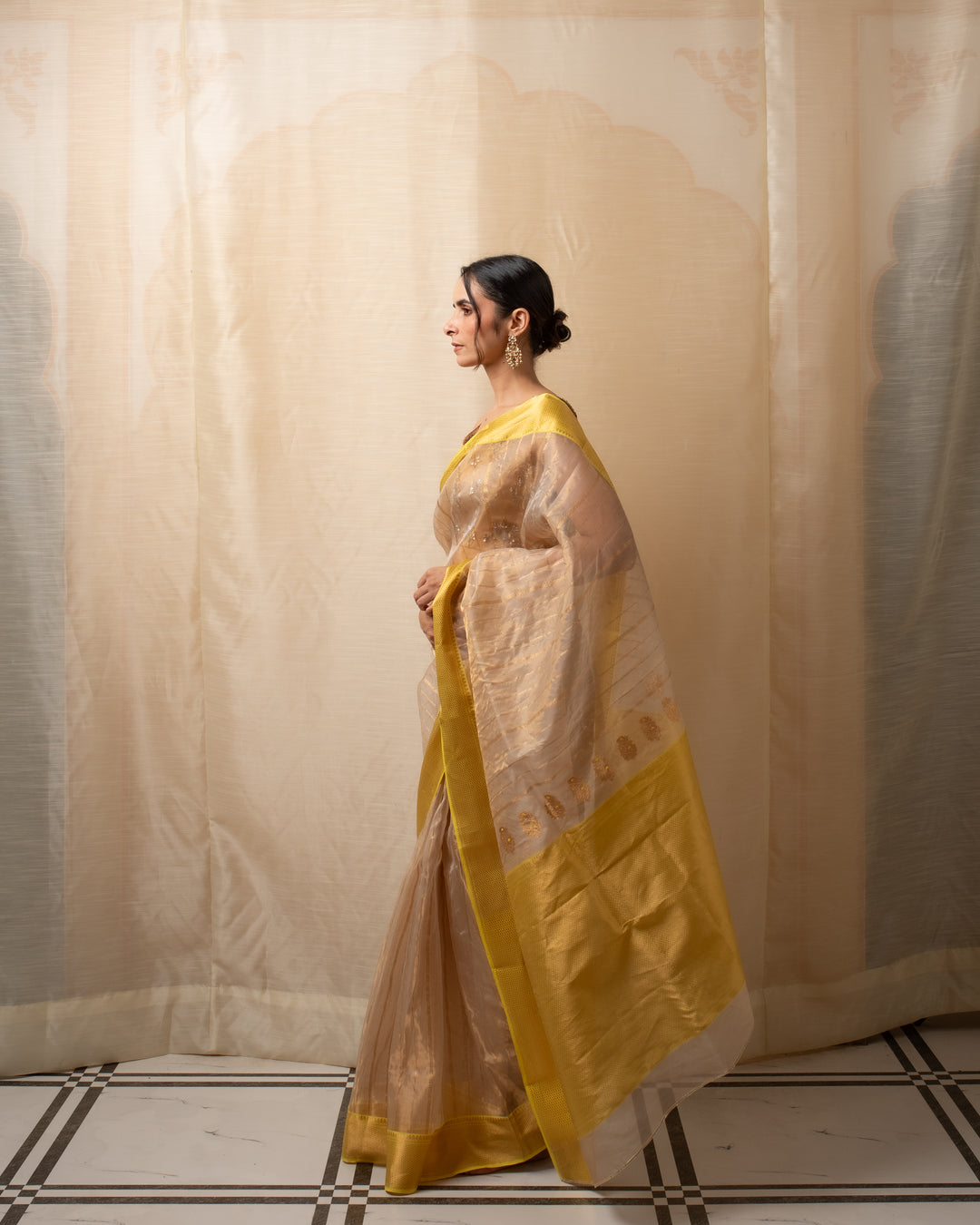 Sonara - Beige Gold Silk Chanderi Saree