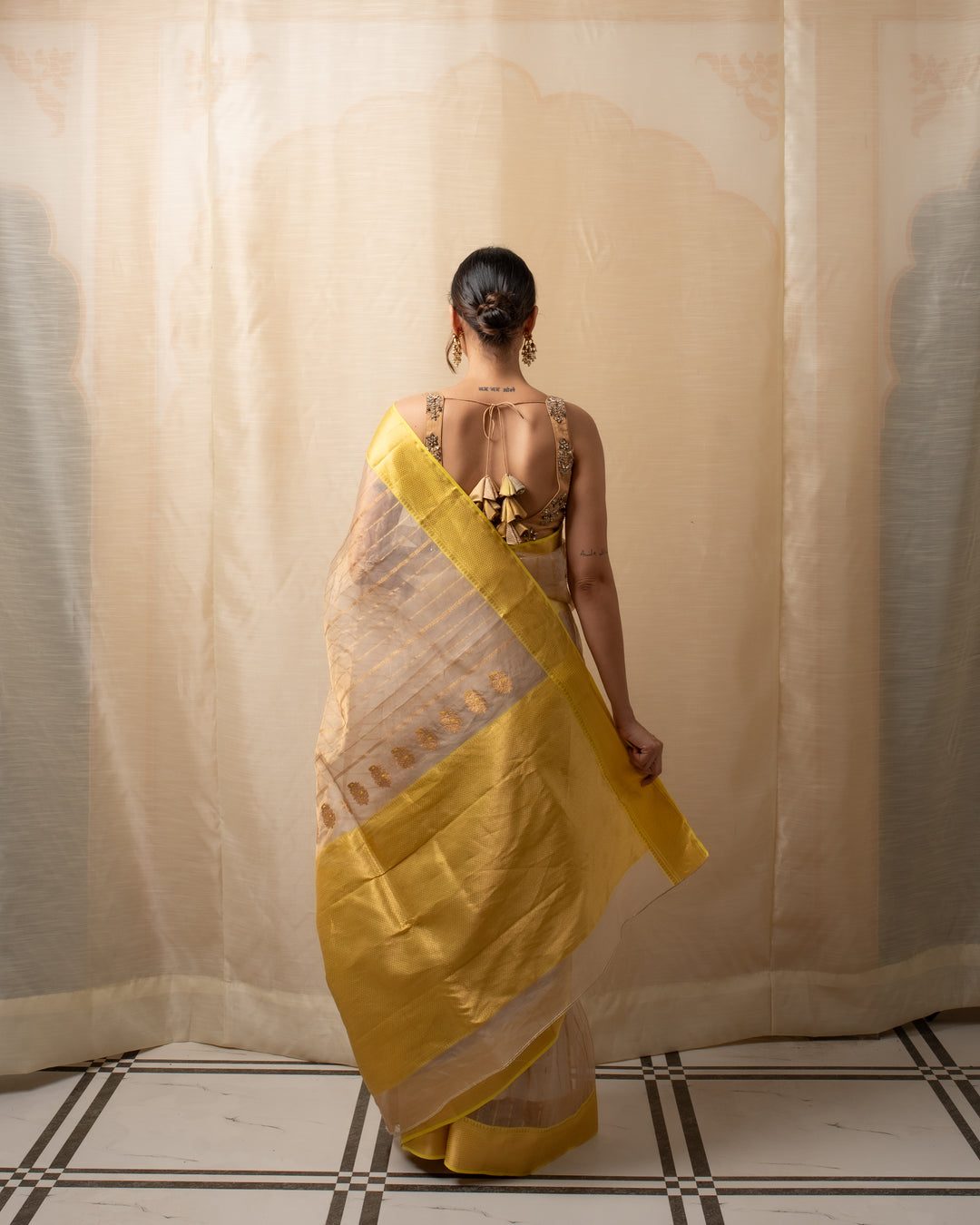 Sonara - Beige Gold Silk Chanderi Saree