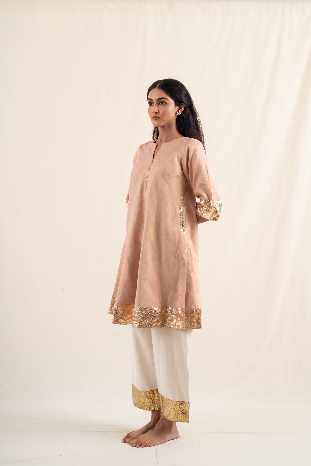 Dariba - Peach Silk Chanderi Tissue Kurta Set