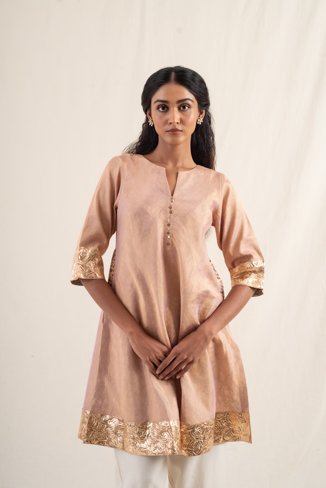 Dariba - Peach Silk Chanderi Tissue Kurta Set