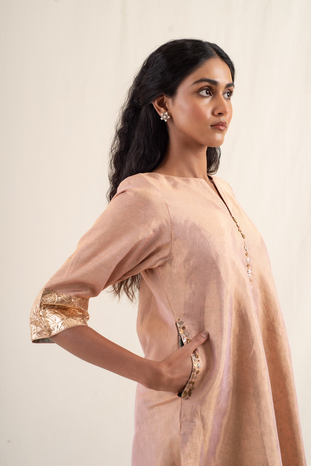 Dariba - Peach Silk Chanderi Tissue Kurta Set