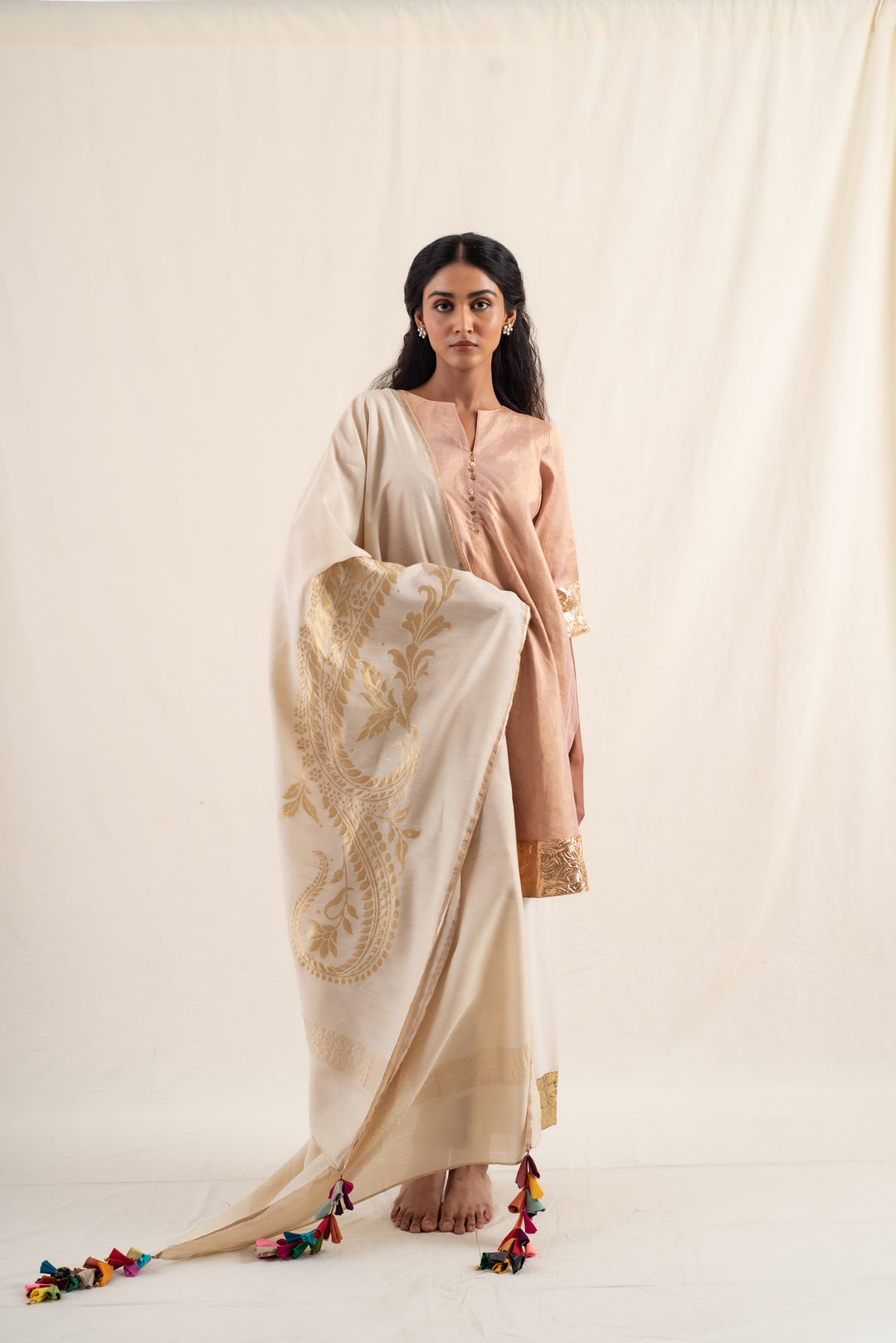 Dariba - Peach Silk Chanderi Tissue Kurta Set