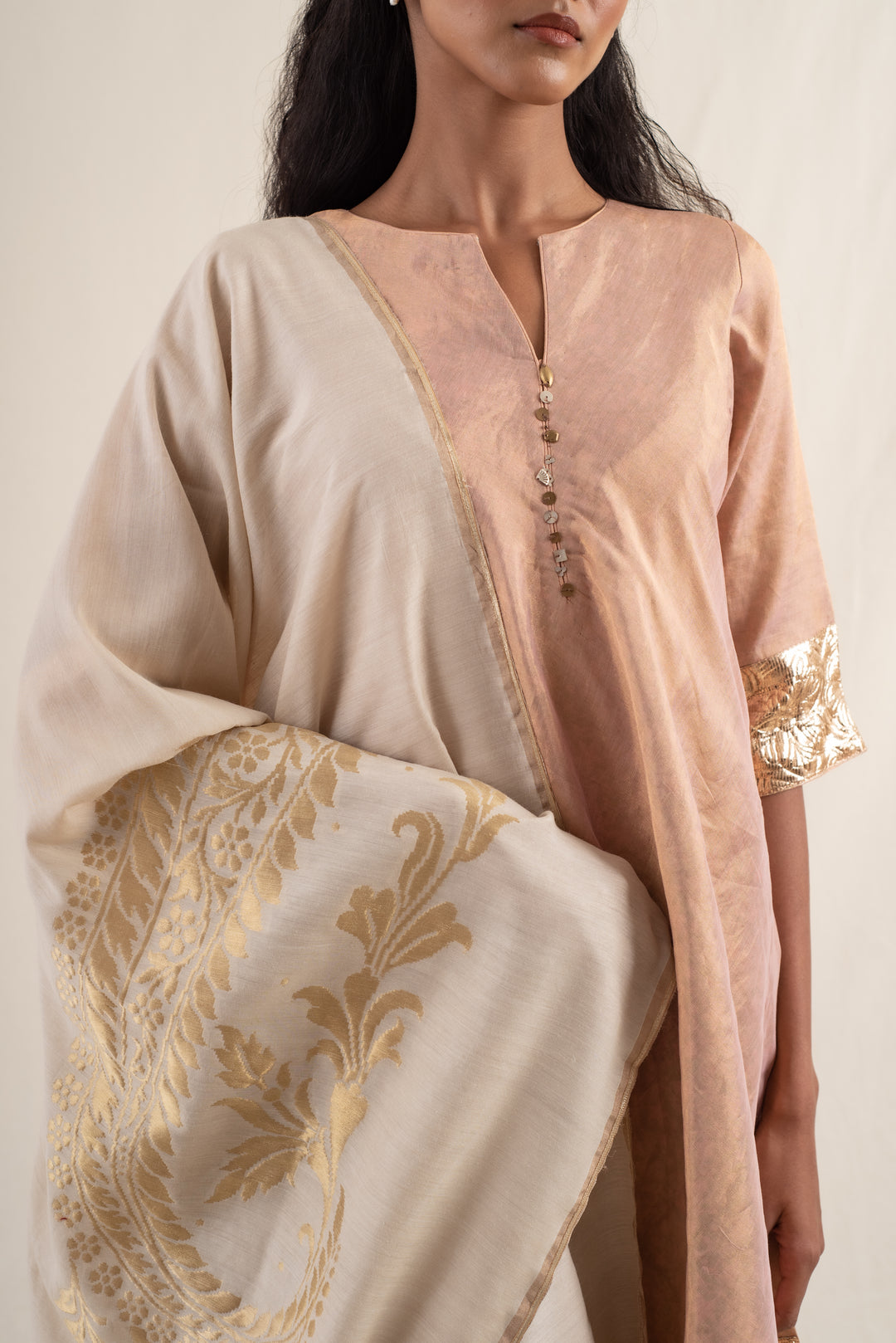 Dariba - Peach Silk Chanderi Tissue Kurta Set