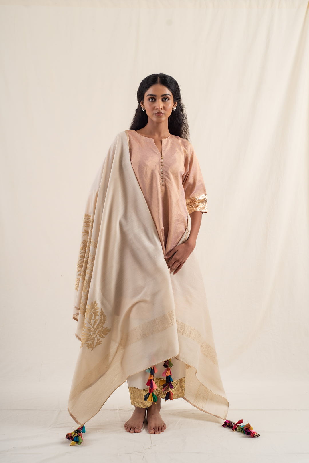 Dariba - Peach Silk Chanderi Tissue Kurta Set