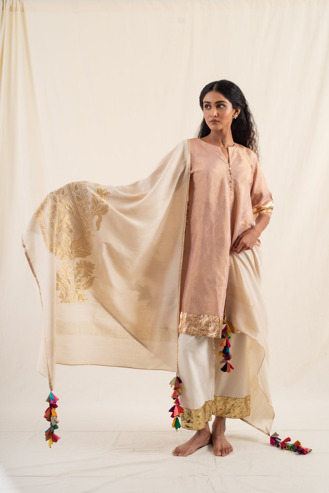 Dariba - Peach silk chanderi tissuekurta set