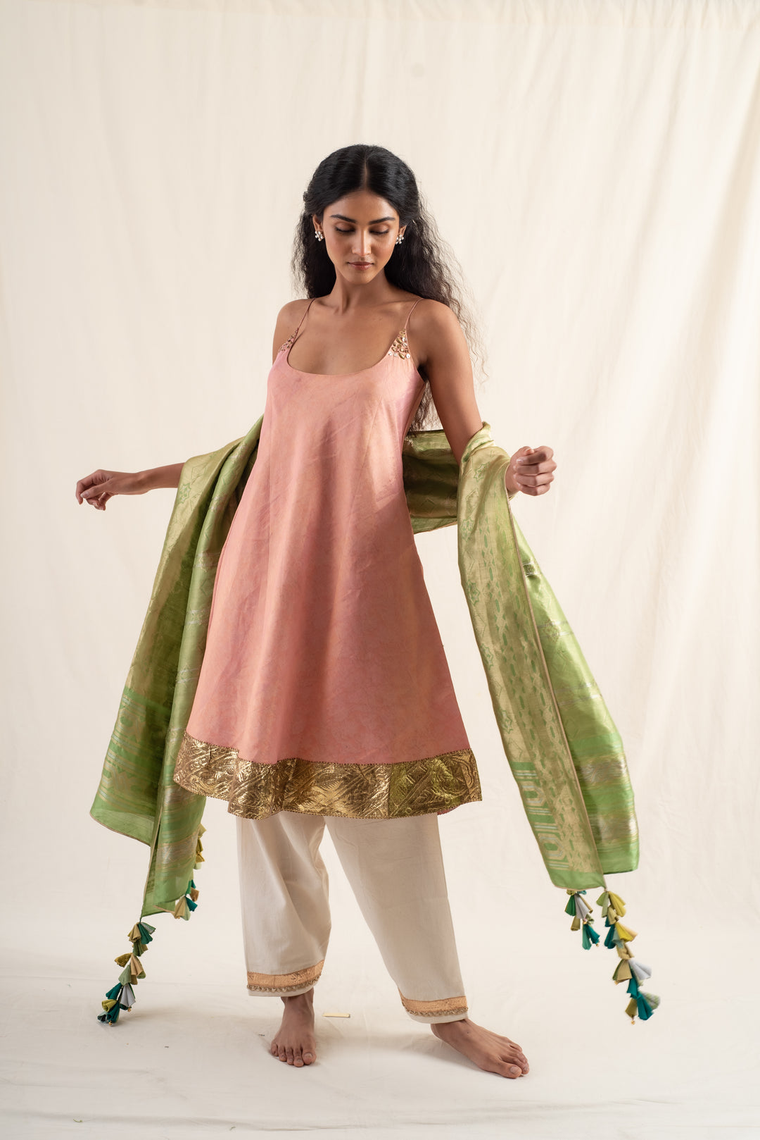 Kundan - Pink silk chanderi tissue Kurta set