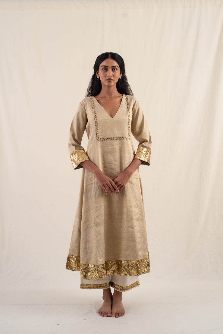 Kalan - Light gold silk chanderi tissue kurta set