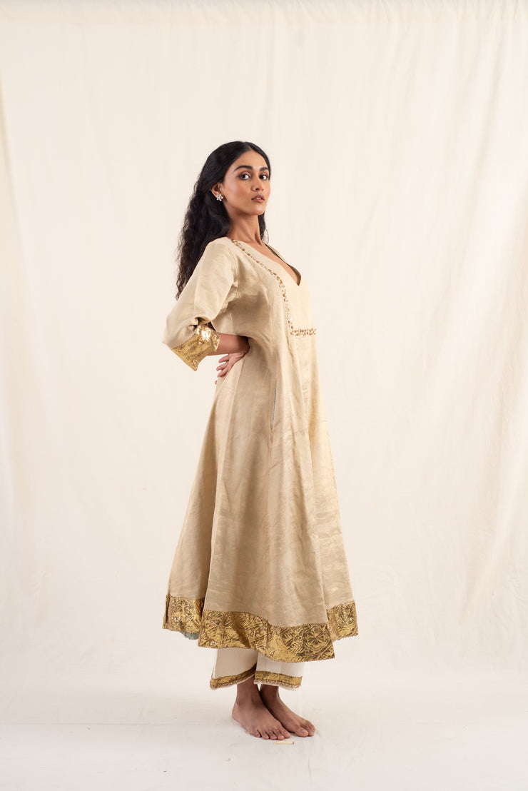 Kalan - Light gold silk chanderi tissue kurta set