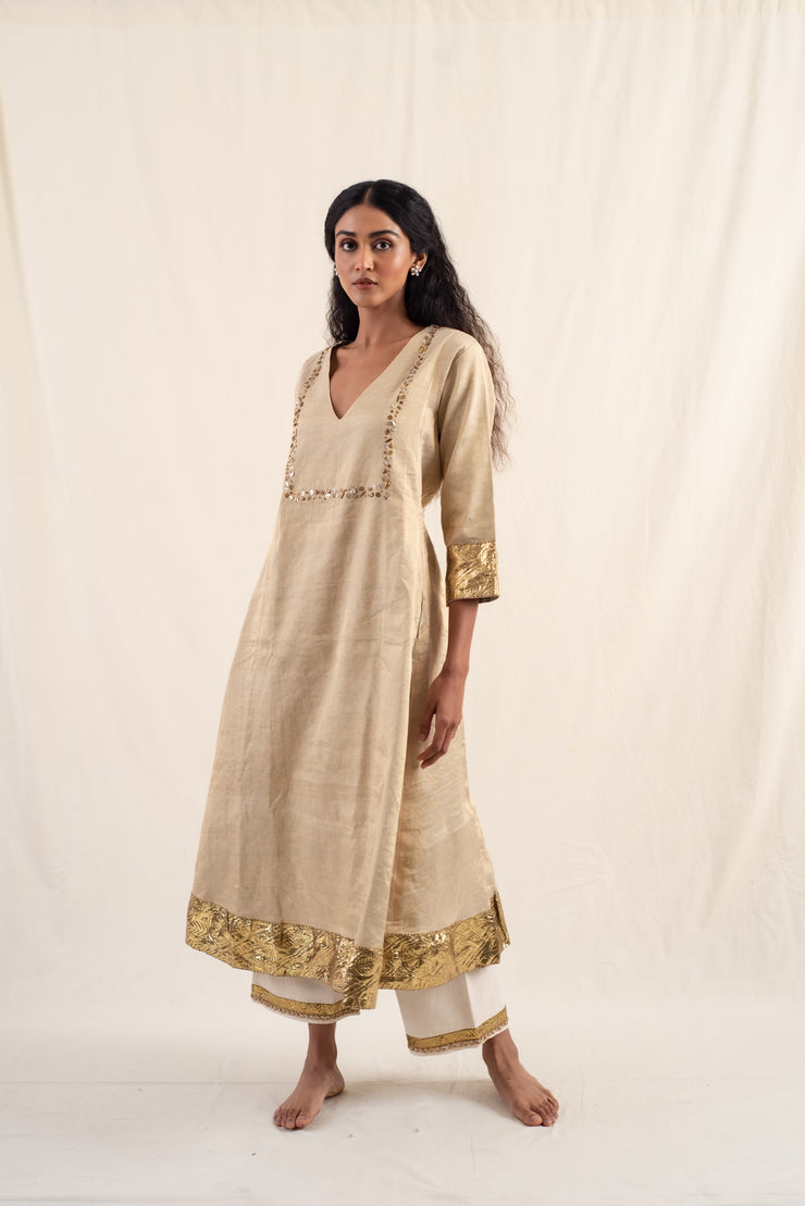 Kalan - Light gold silk chanderi tissue kurta set