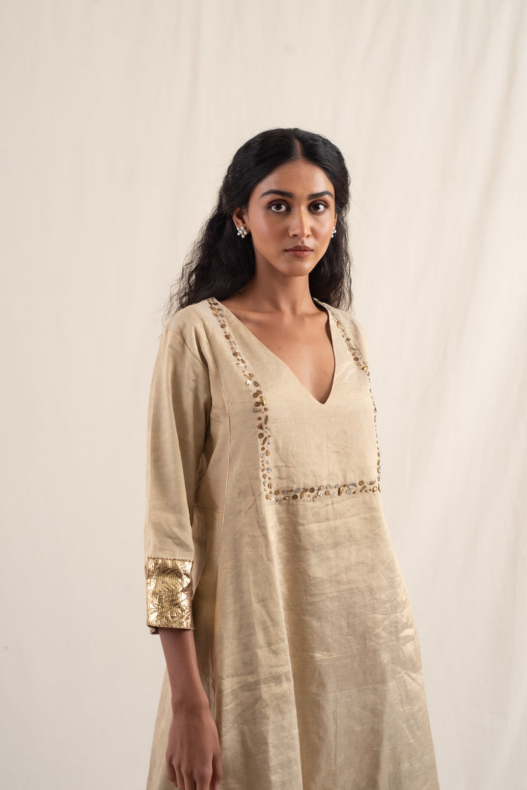 Kalan - Light gold silk chanderi tissue kurta set