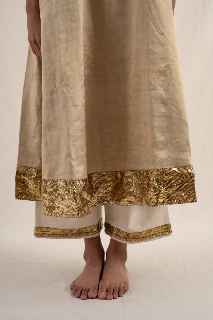 Kalan - Light gold silk chanderi tissue kurta set