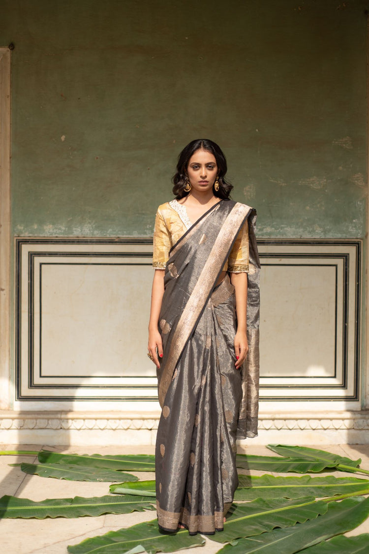 Rena- Charcoal Grey Banarasi Silk Tissue Saree