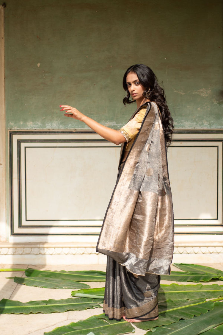 Rena- Charcoal Grey Banarasi Silk Tissue Saree