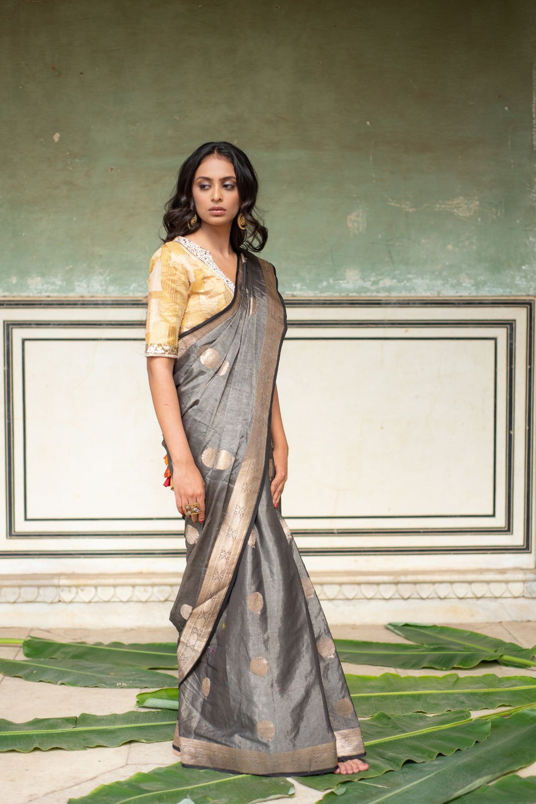 Rena- Charcoal Grey Banarasi Silk Tissue Saree