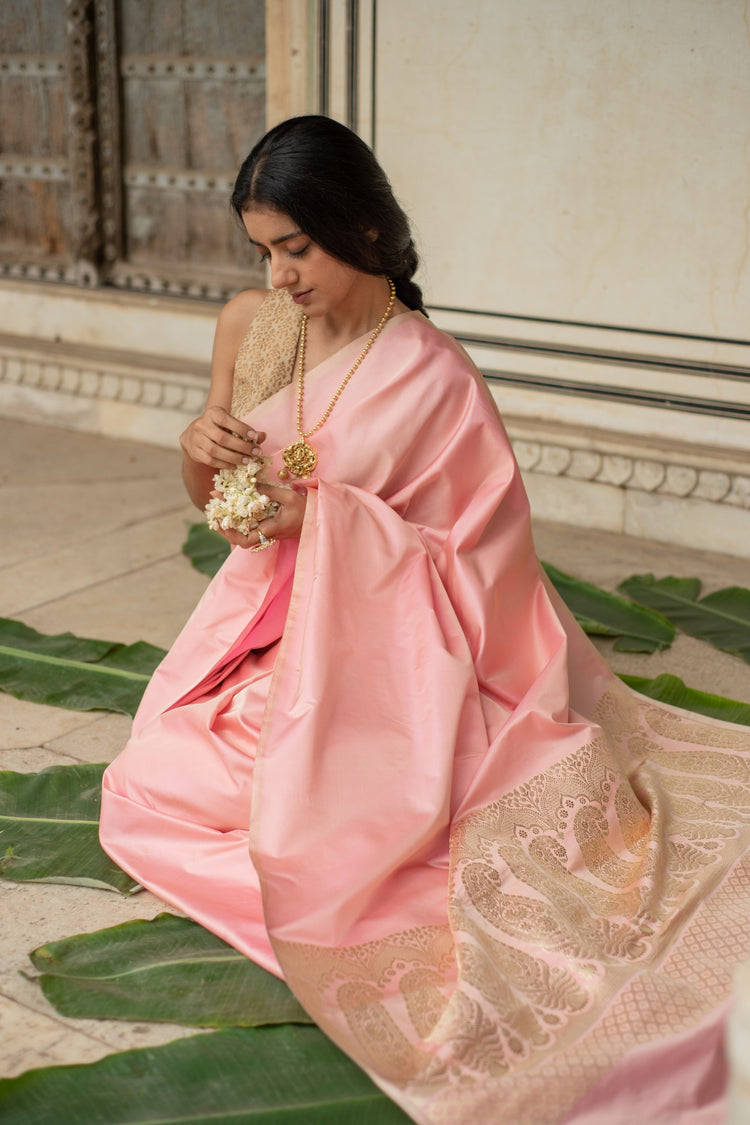 Mani- Pink Silk Banarasi Mashroo Saree