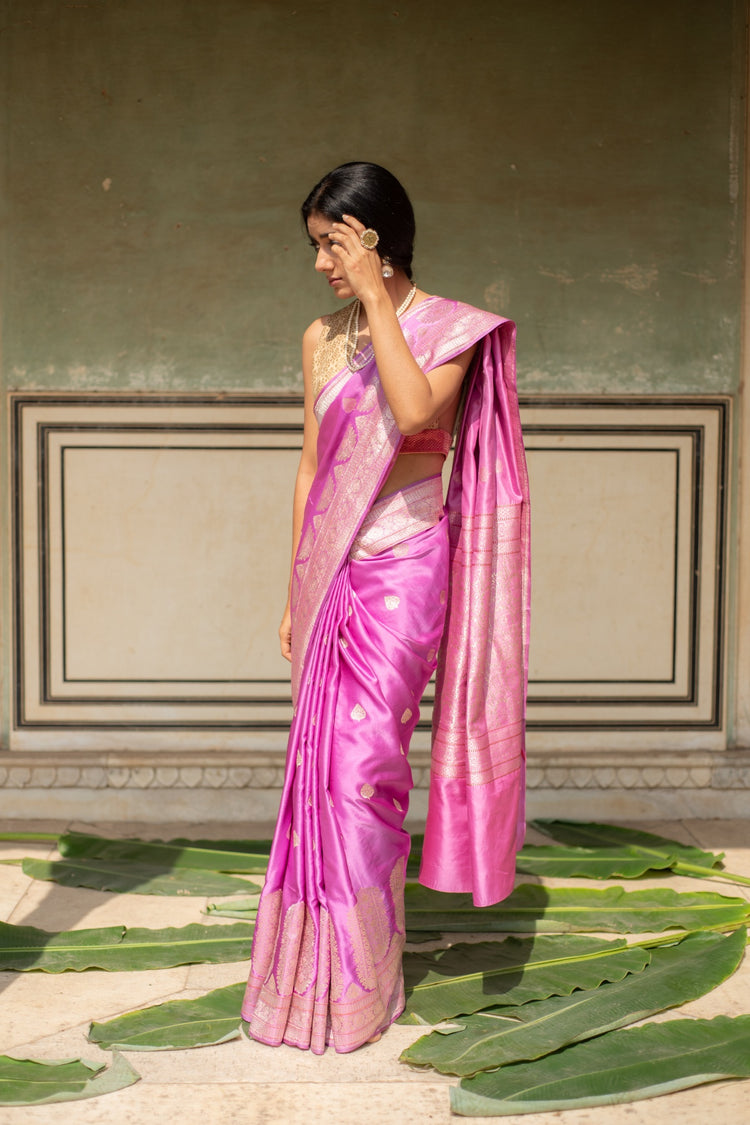 Alaia- Pink Silk Banarasi Mashroo Saree