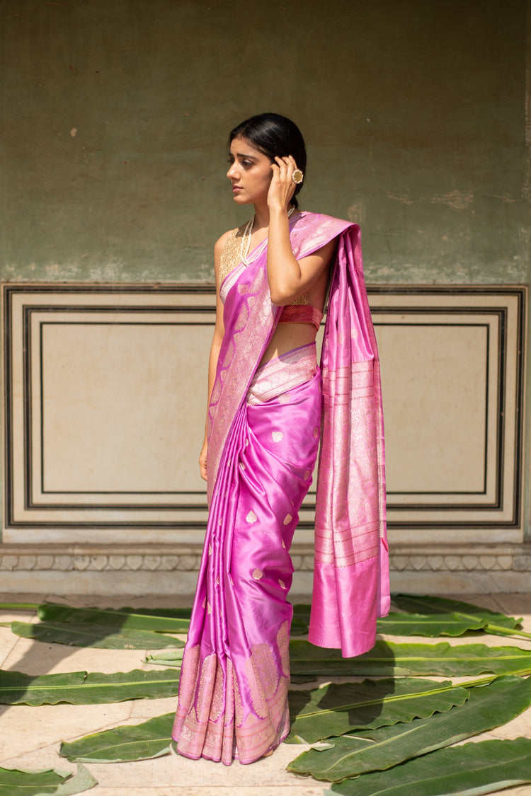 Alaia- Pink Silk Banarasi Mashroo Saree