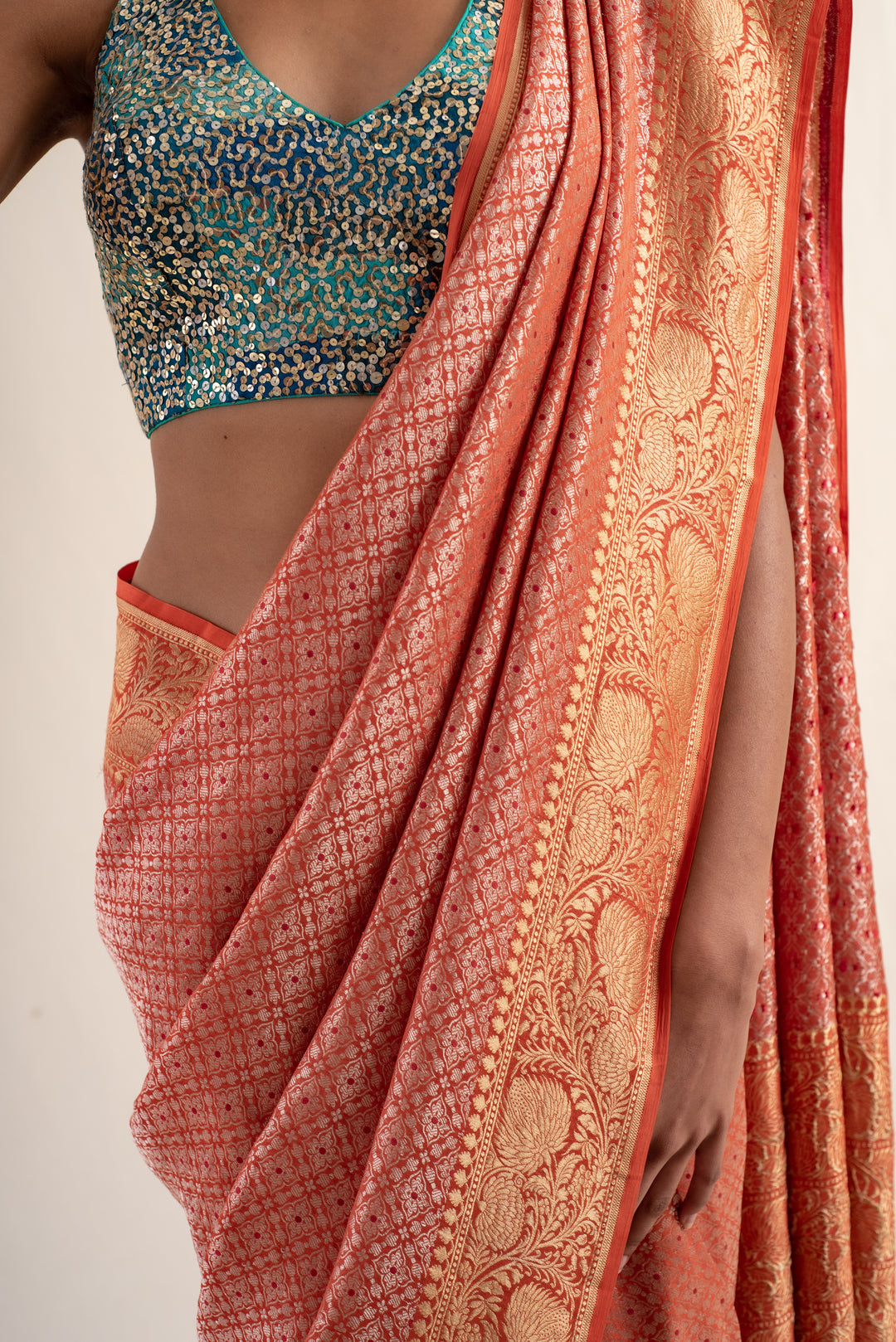 Begum - Burnt Orange Silk Georgette Banarasi Saree