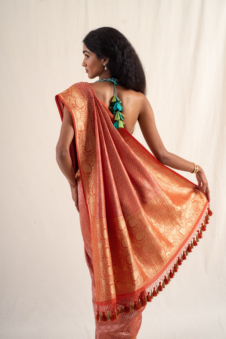 Begum - Burnt orange silk georgette banarasi handwoven saree