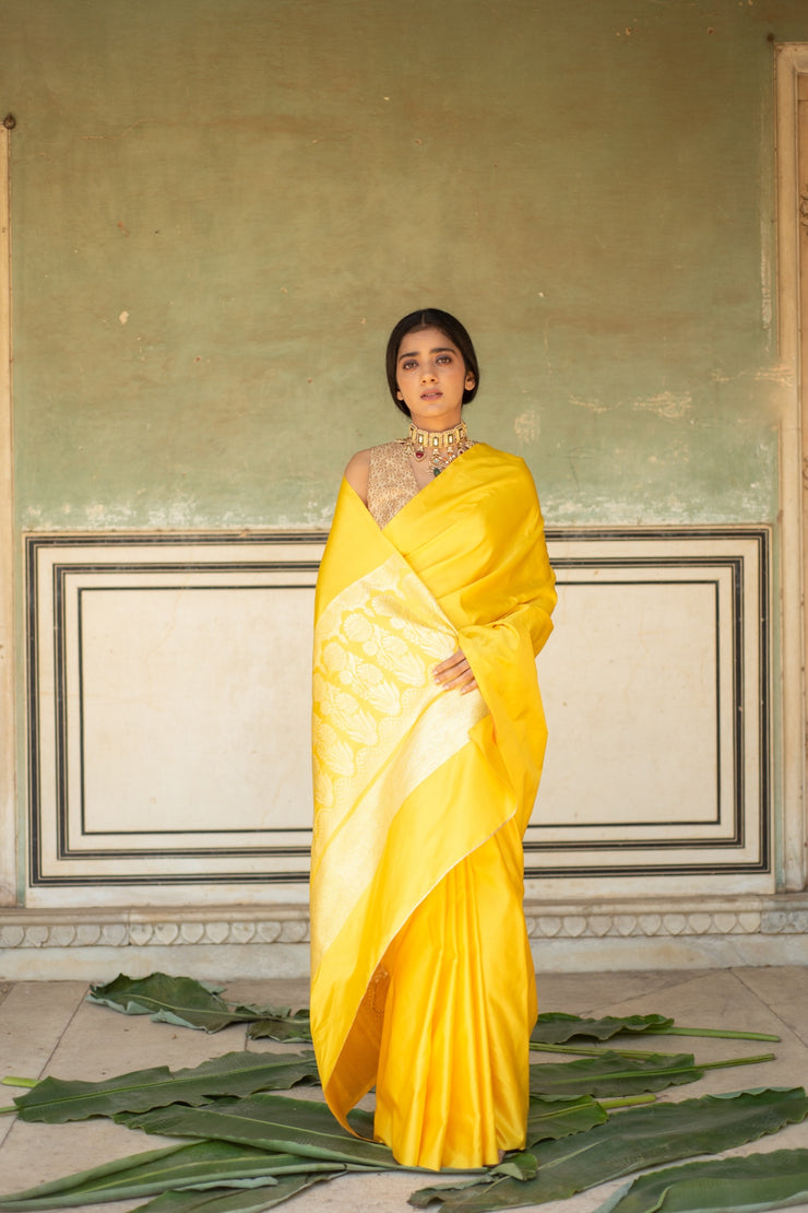 Mani Yellow- Yellow Banarasi Mashroo Saree