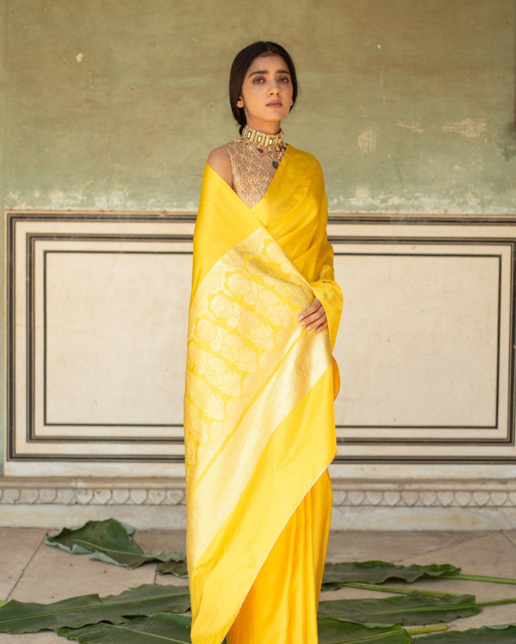 Mani Yellow- Yellow Banarasi Mashroo Saree