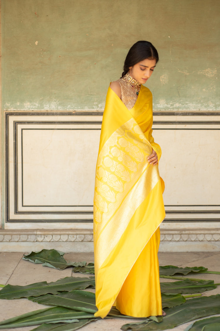 Mani Yellow- Yellow Banarasi Mashroo Saree