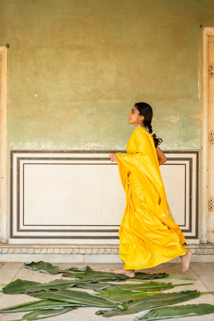 Mani Yellow- Yellow Banarasi Mashroo Saree