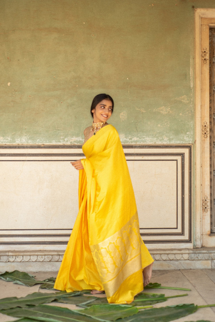 Mani Yellow- Yellow Banarasi Mashroo Saree