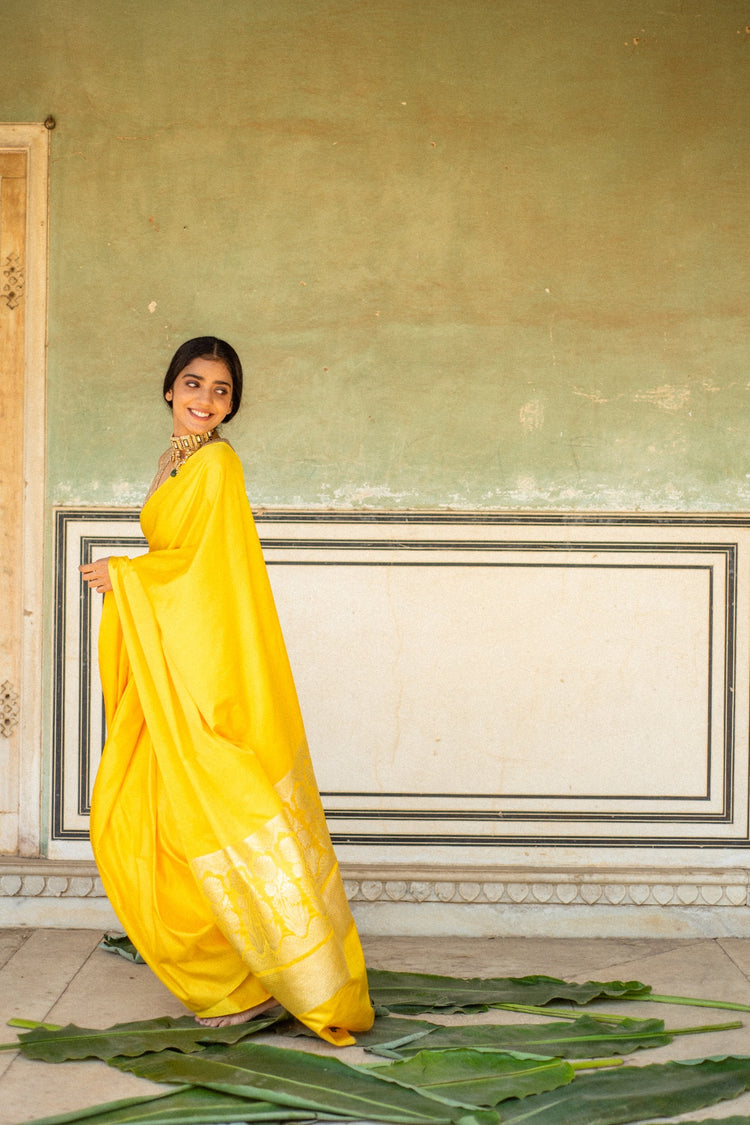 Mani Yellow- Yellow Banarasi Mashroo Saree