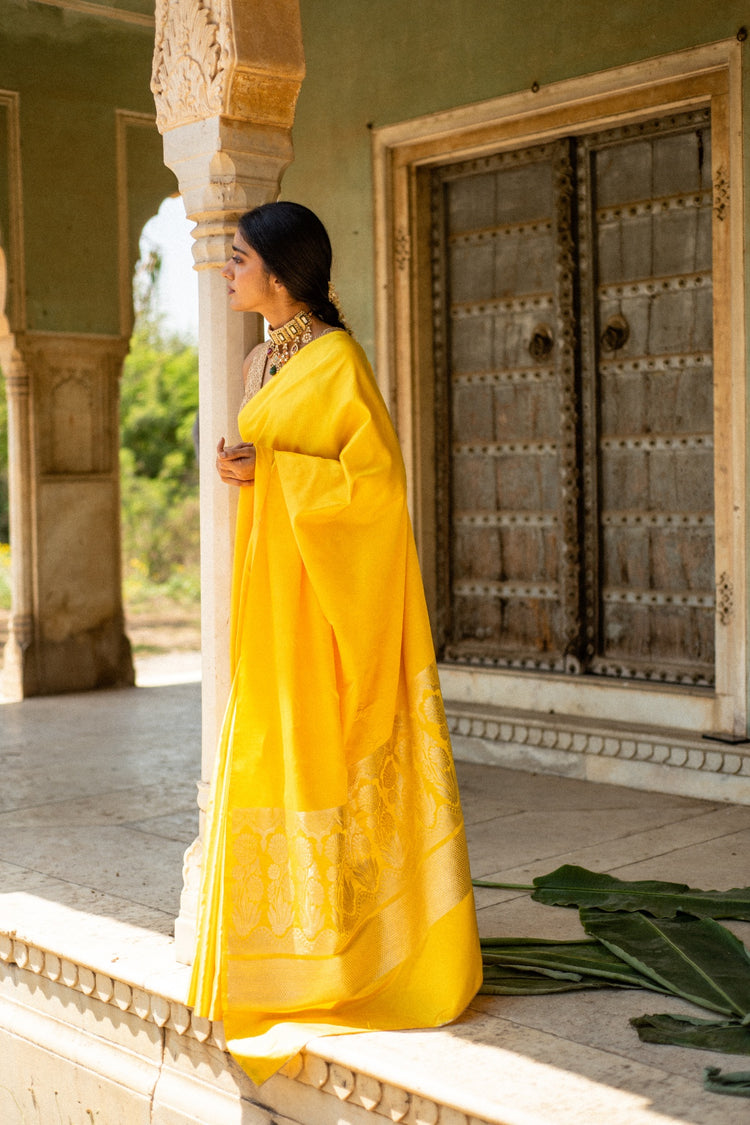 Mani Yellow- Yellow Banarasi Mashroo Saree