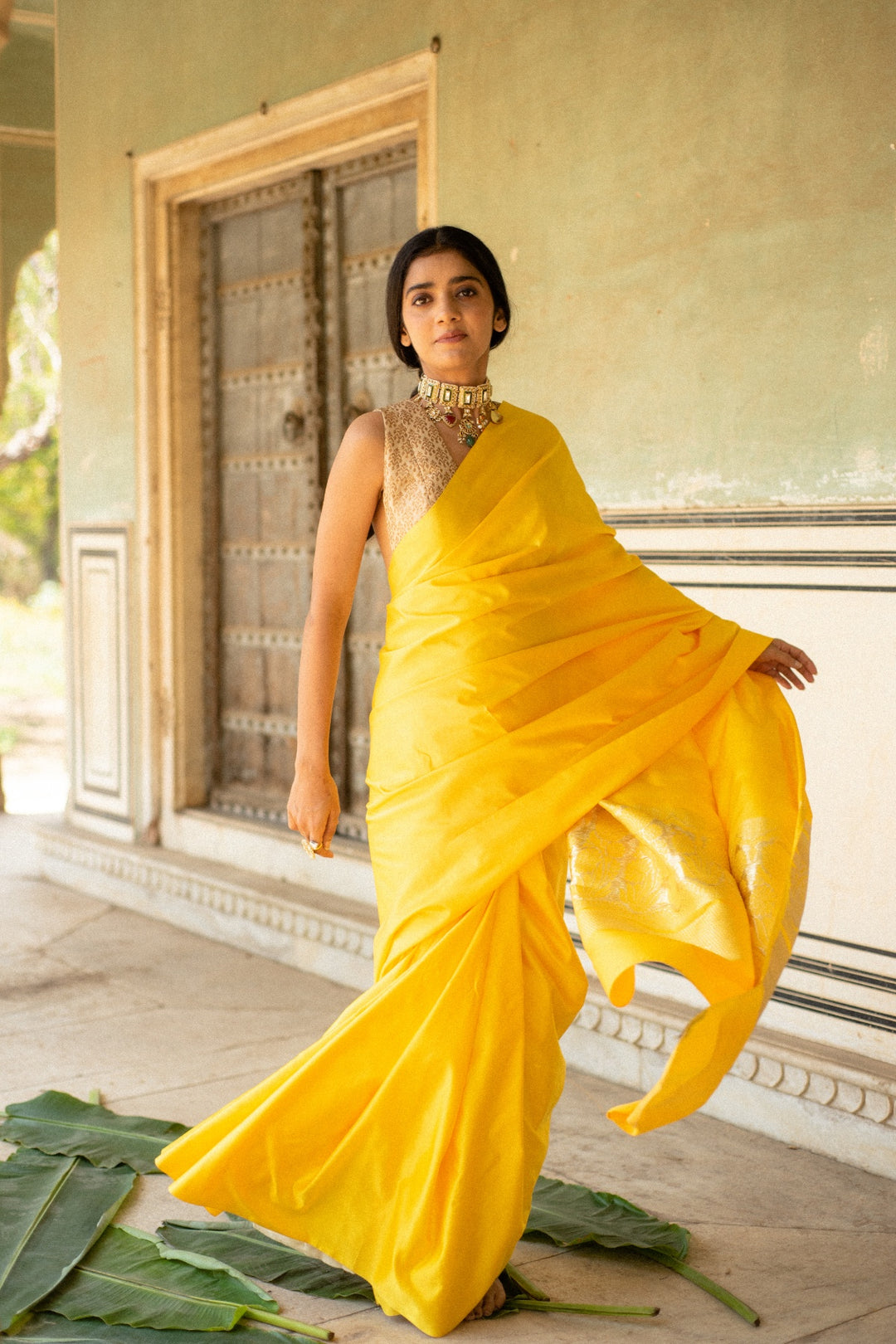 Mani Yellow- Yellow Banarasi Mashroo Saree