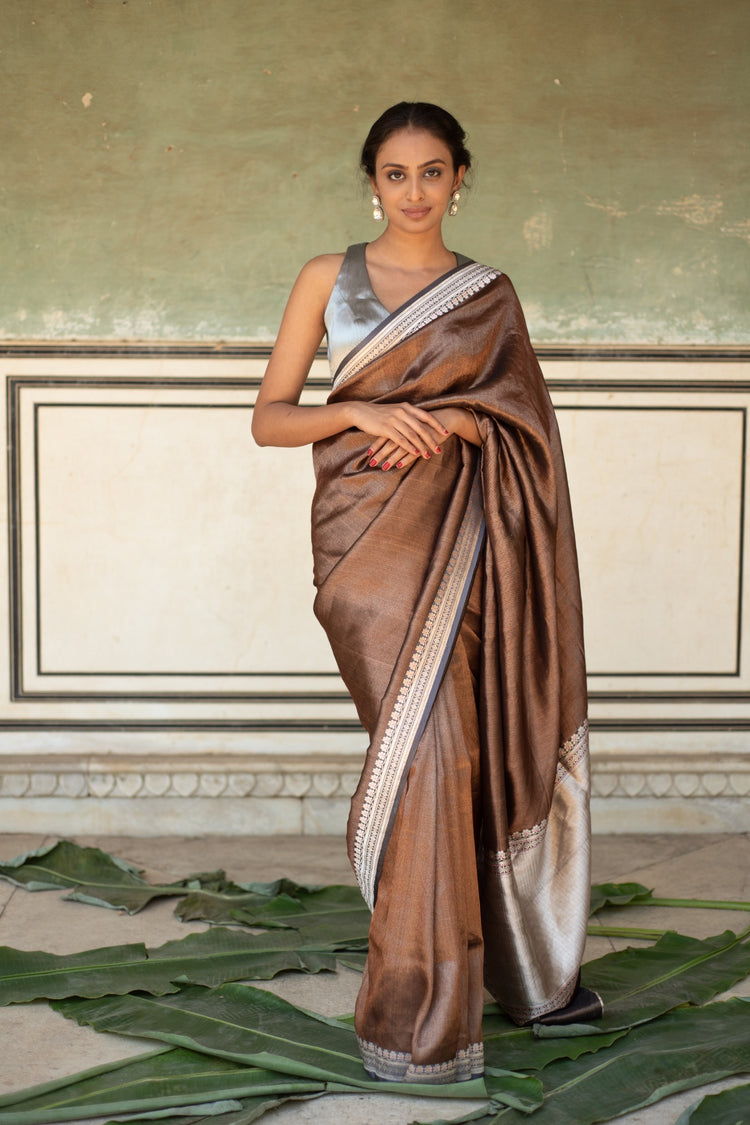 Chan- Copper-Grey Black Silk Banarasi Textured Saree