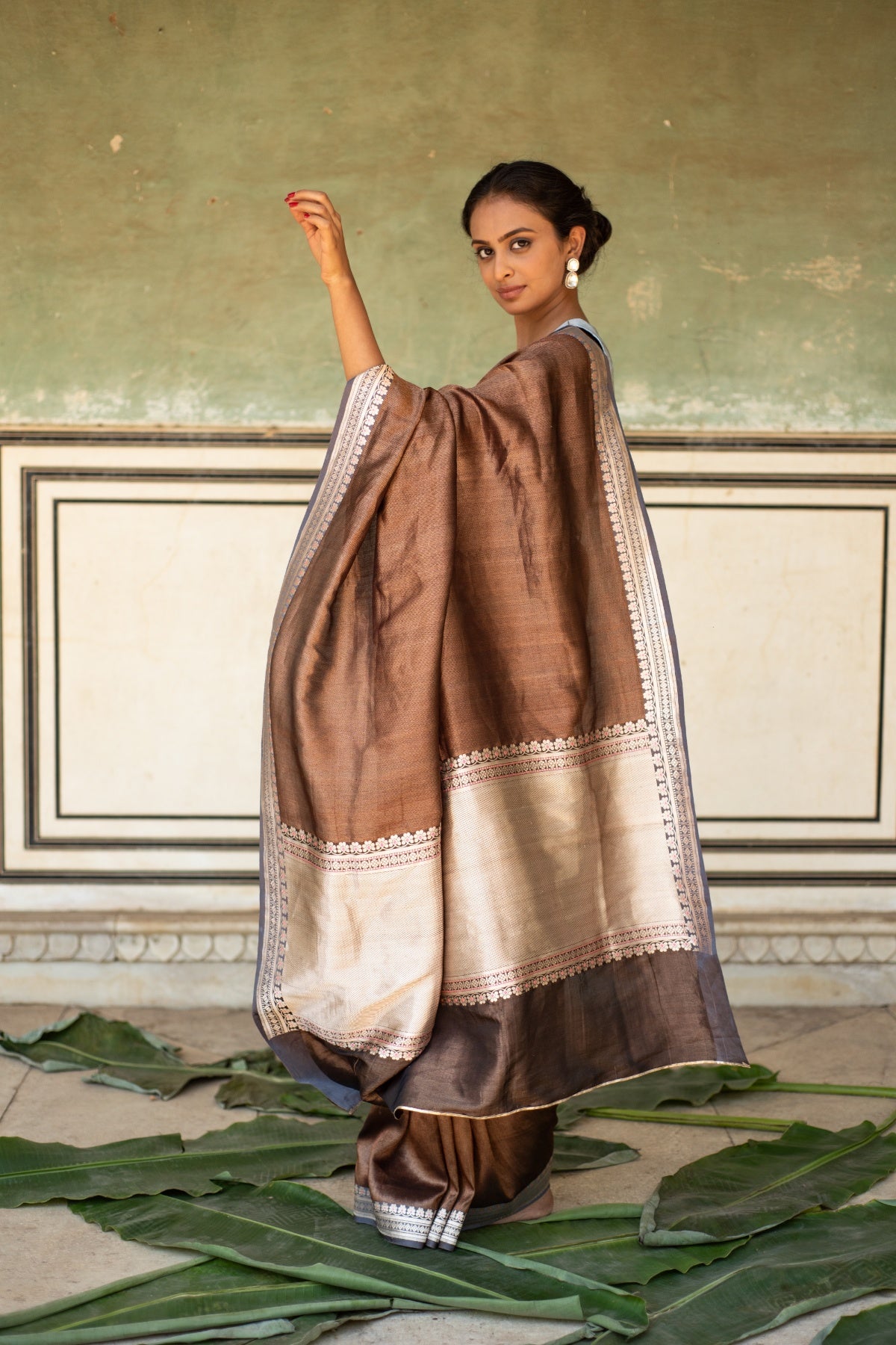 Chan- Copper-Grey Black Silk Banarasi Textured Saree