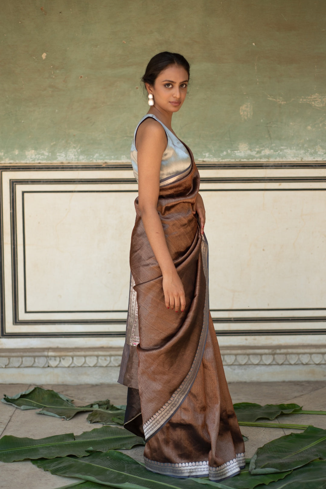 Chan- Copper-Grey Black Silk Banarasi Textured Saree