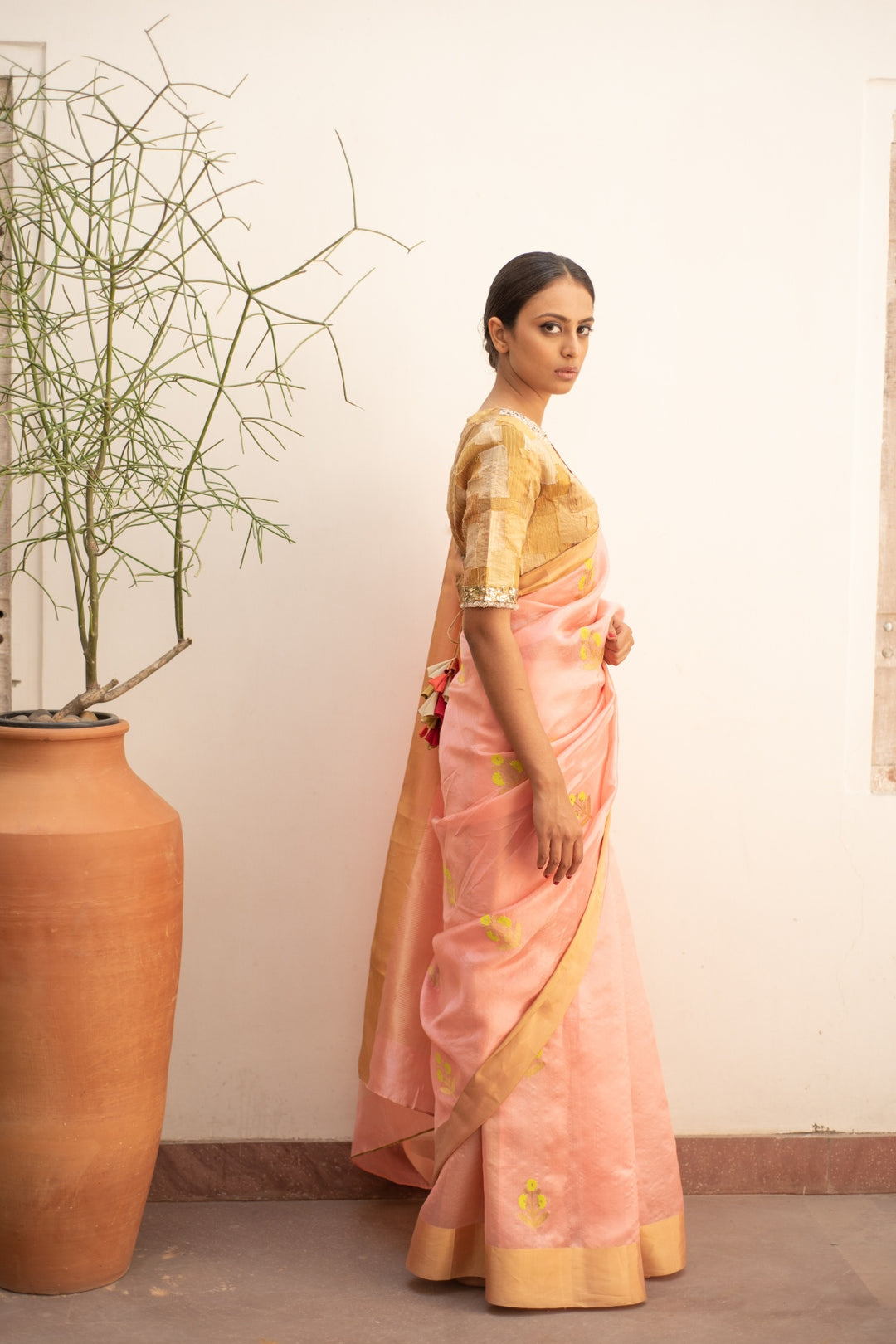 Nyssa - Coral Silk Chanderi Saree