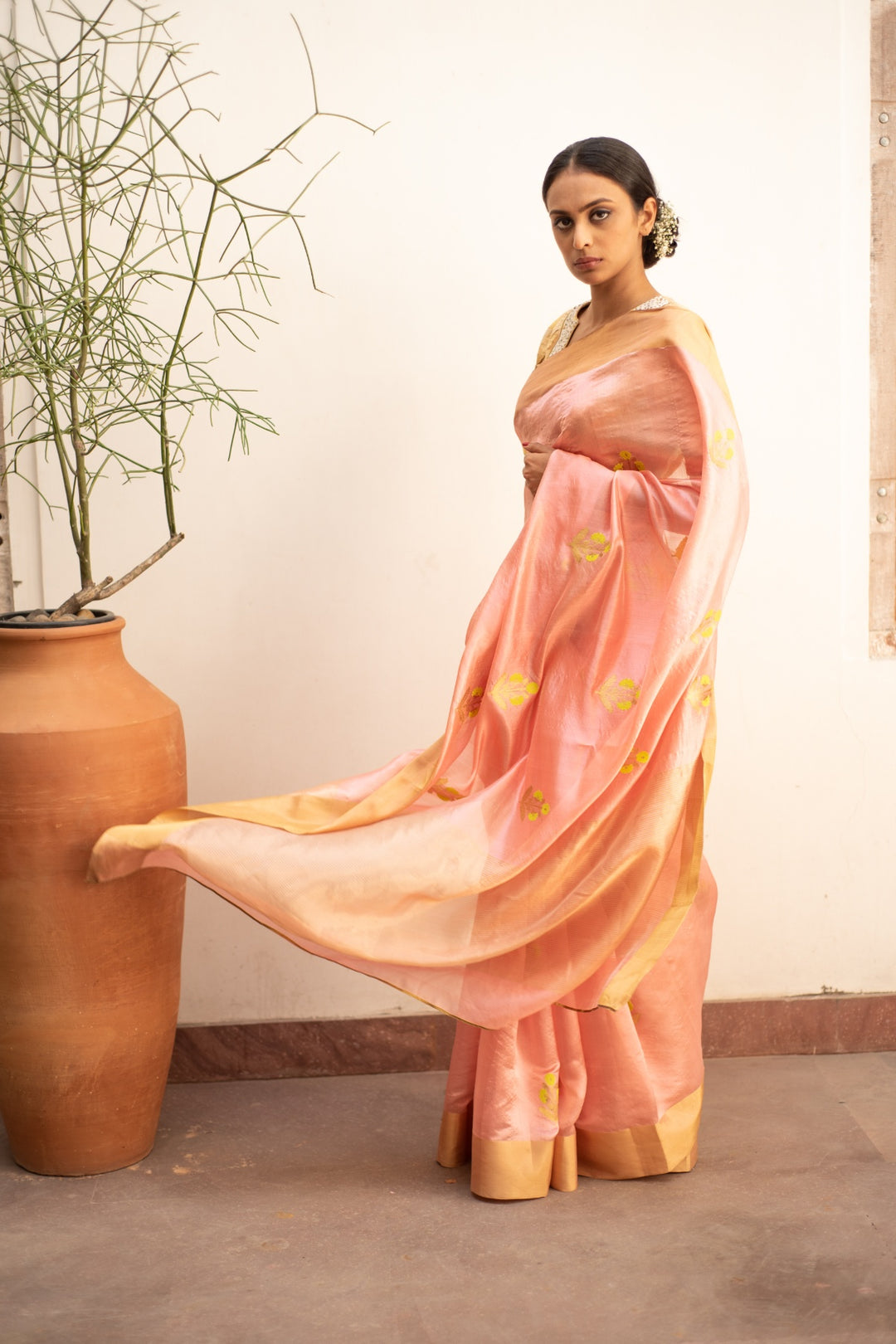 Nyssa - Coral Silk Chanderi Saree