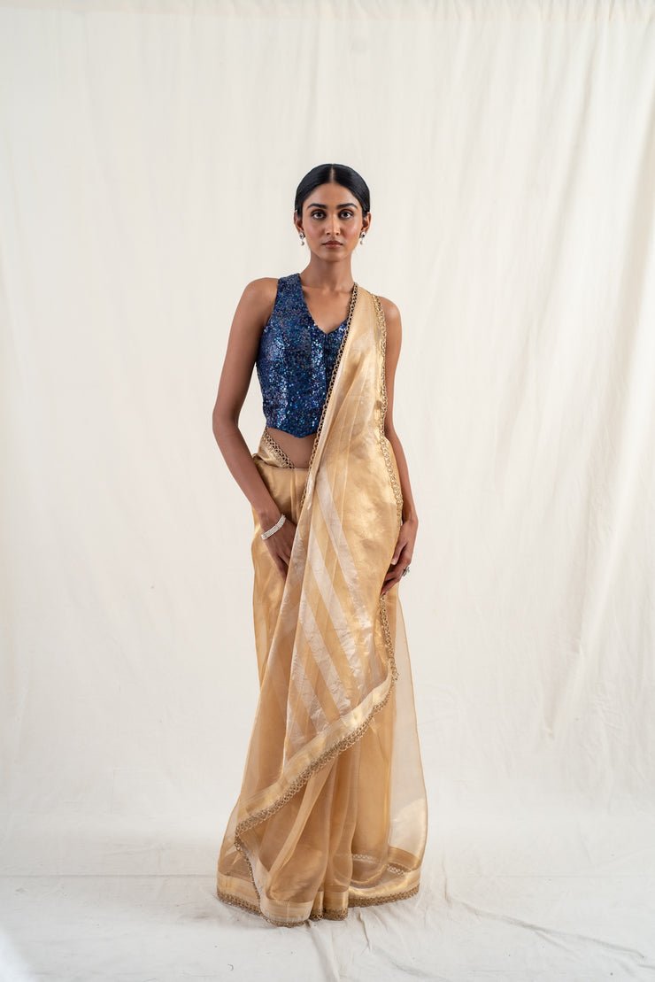 Mapusa - Gold silk chanderi tissue banarasi handwoven saree