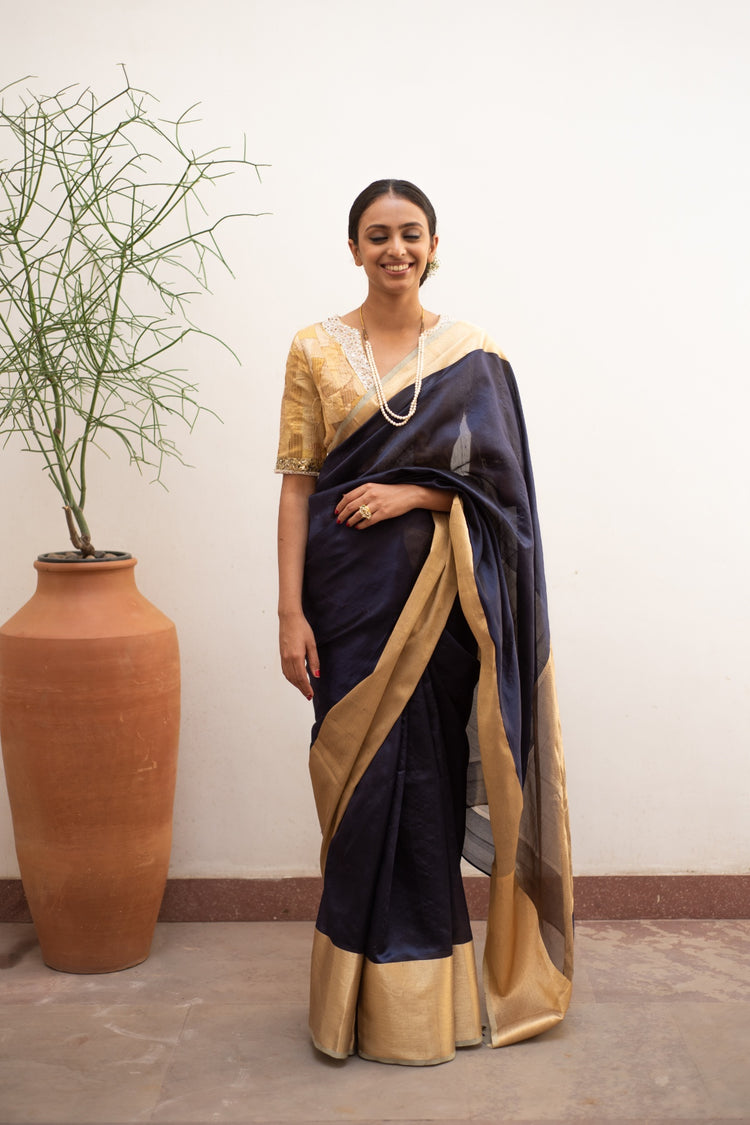 Lopa Navy Blue- Navyblue Silk Chanderi Saree