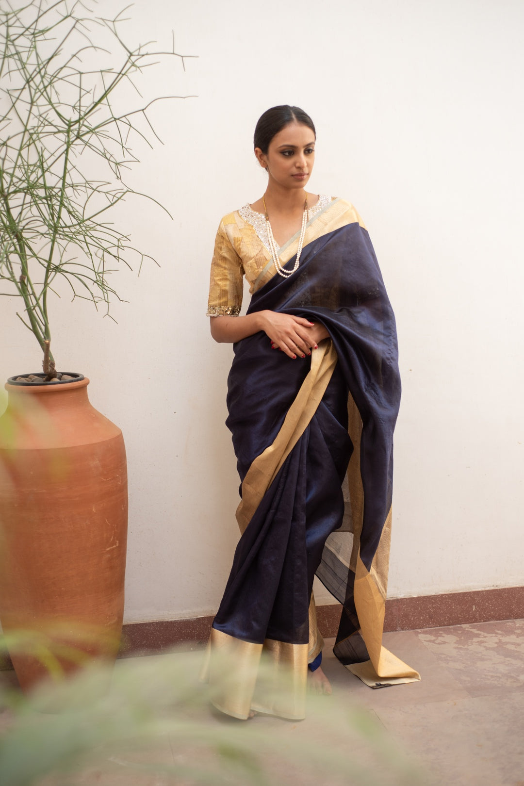 Lopa Navy Blue- Navyblue Silk Chanderi Saree