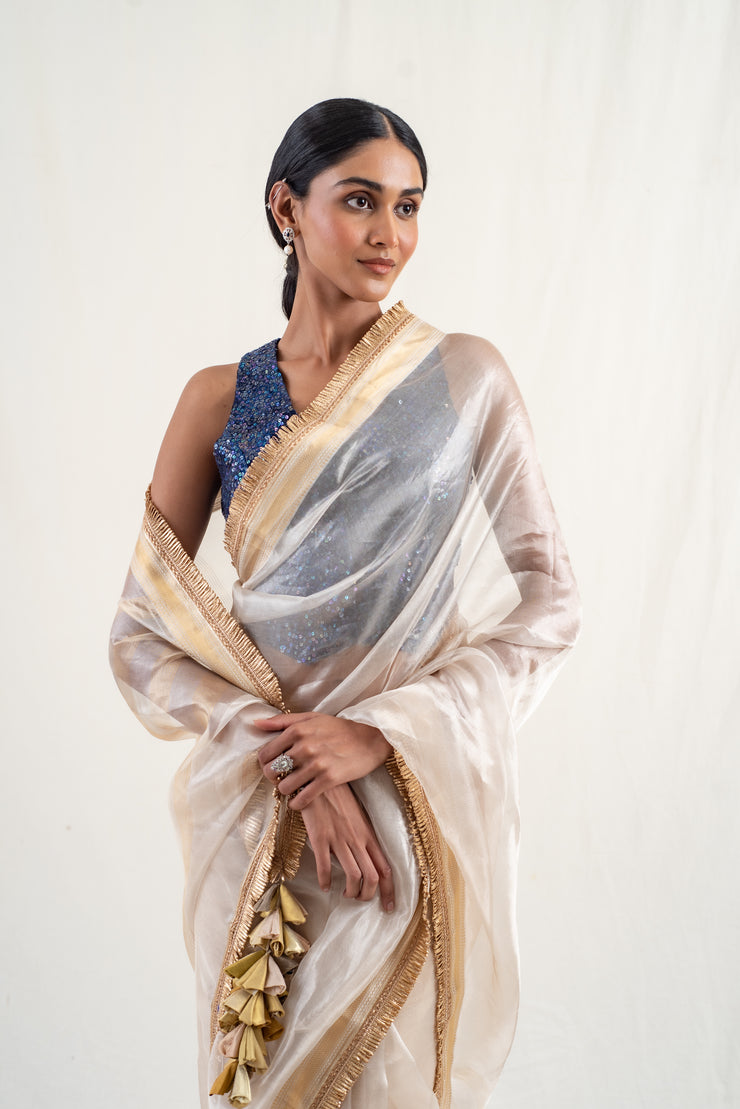 Alankar - Beige silk chanderi tissue banarasi handwoven saree