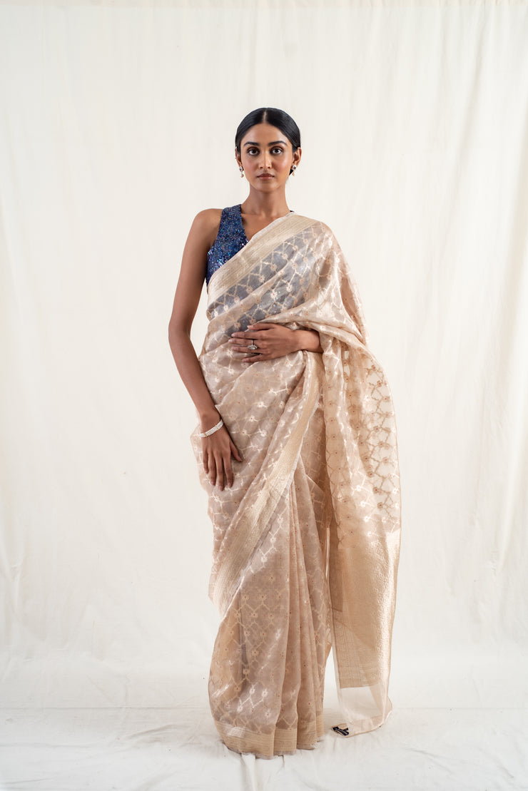 Ima - Beige silk banarasi tissue handwoven saree