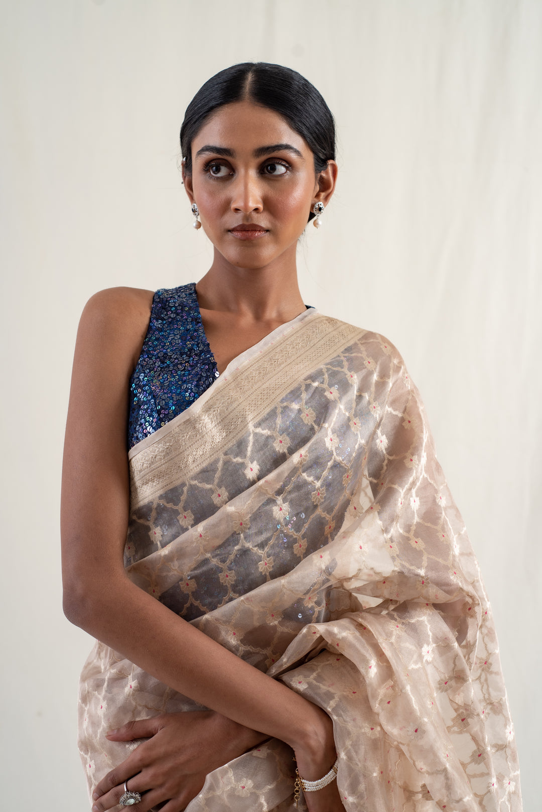 Ima - Beige Silk Banarasi Tissue Saree