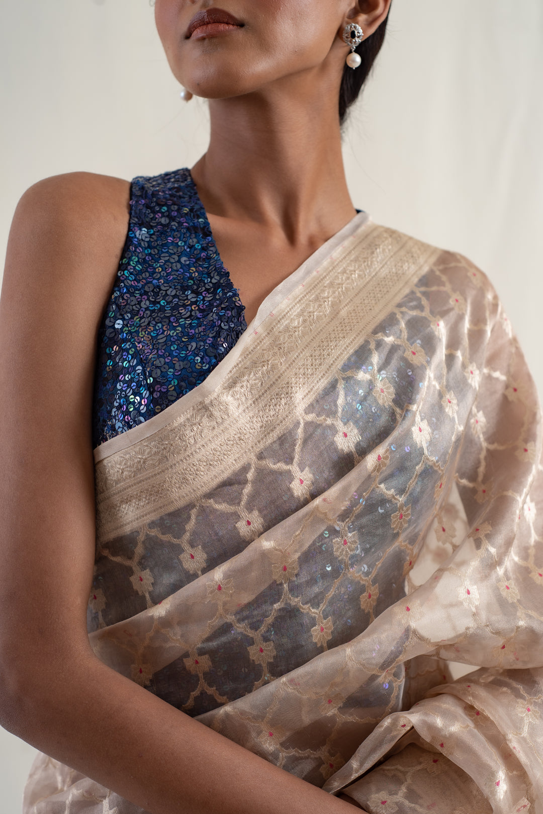 Ima - Beige Silk Banarasi Tissue Saree