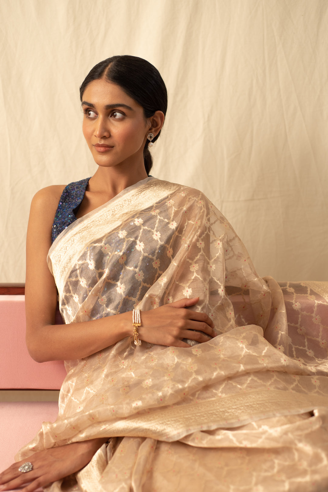 Ima - Beige Silk Banarasi Tissue Saree