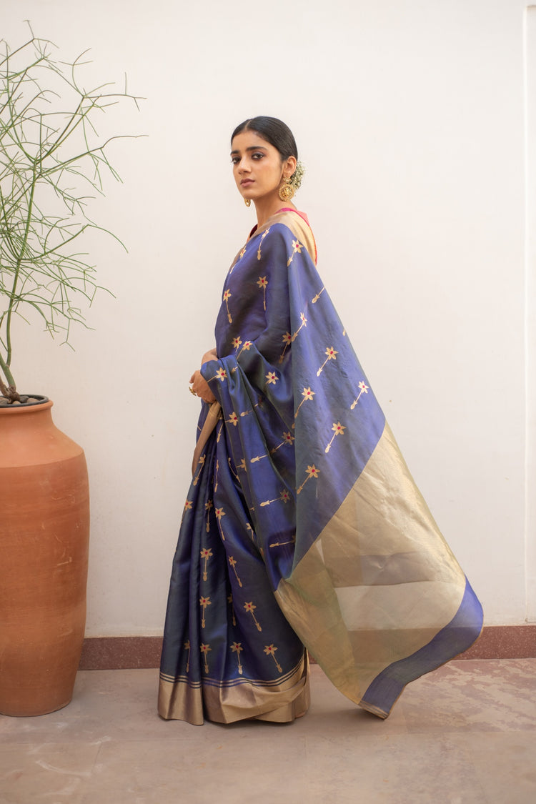 Ashar Teal blue- Blue Silk Chanderi Saree