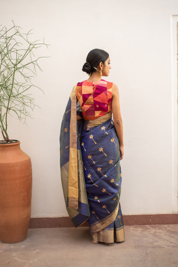 Ashar Teal blue- Blue Silk Chanderi Saree